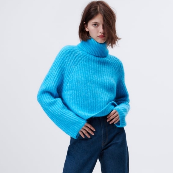 Nwt Zara Blue Purlknit Sweater Size L 